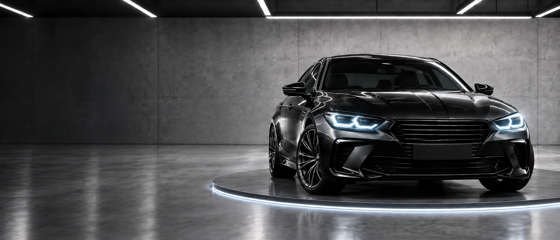 Auto nera senza marchio sulla destra, quasi frontale come nel riferimento, con doppi profili LED angolari bianco ghiaccio, ruote anteriori sterzate e piattaforma circolare nello showroom.